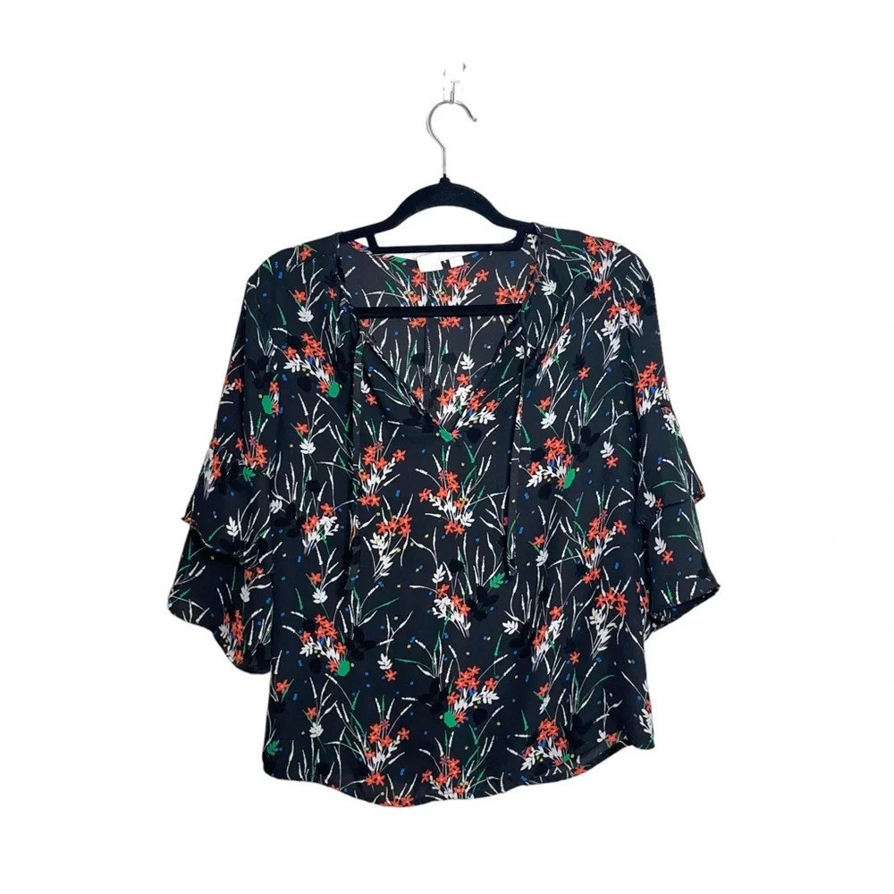 GAP Multicolor Floral Blouse Black Ruffle 3/4 Bell Sleeve Bold Small Women’s